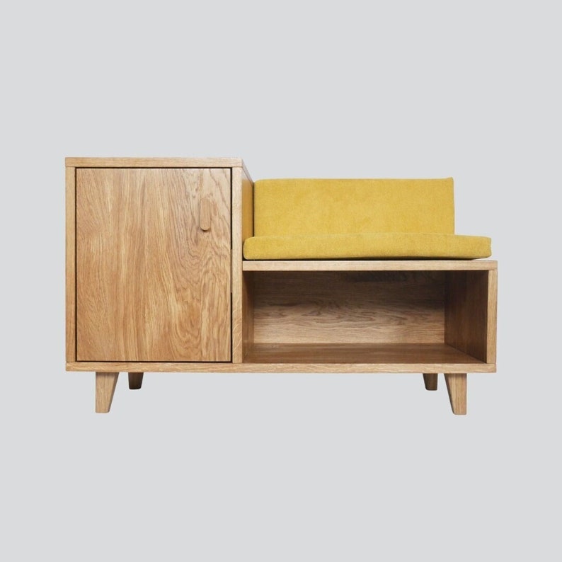 Handmade oak hallway bench with shoe storage customisable, elegant hallway furniture image 1