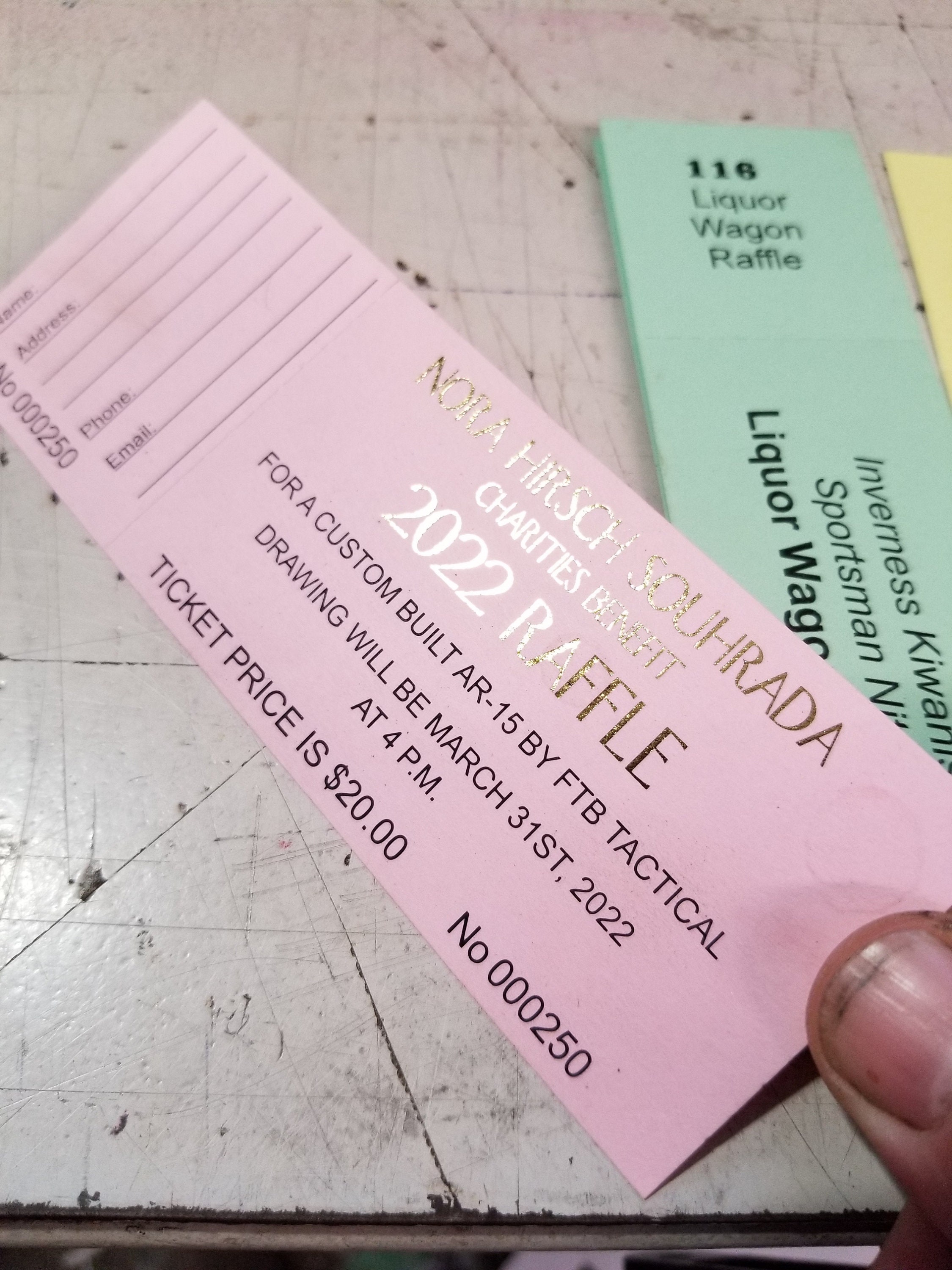 Raffle tickets custom printed with Gold or Silver foil