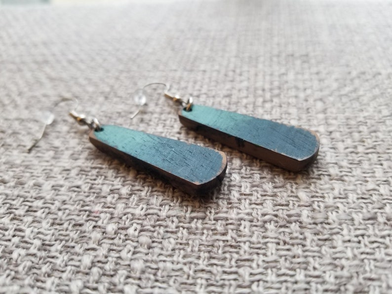 Hand painted lightweight wood earrings ~ Walnut ~ light bluenavydenim colors ~ bar shape ~ stainless steel ear wire