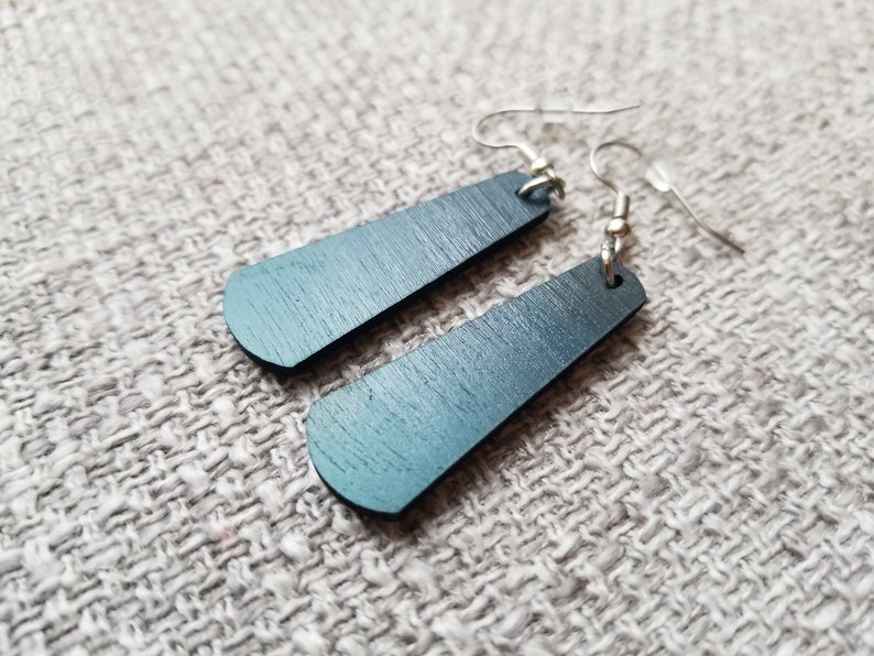 Hand painted lightweight wood earrings ~ Walnut ~ light bluenavydenim colors ~ bar shape ~ stainless steel ear wire