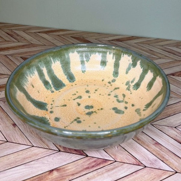 Large Serving Bowl - green tan handmade ceramic unique serving bowl ready to ship