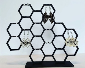 Wood Honeycomb Earring Display | Wood Earring Holder Stand  | Modern White Stud Or Dangling Earring Jewelry Storage | Custom Color