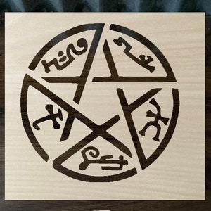 May include: A black and white pentagram with five points, each point containing a symbol. The pentagram is surrounded by a circle with the word "Hell" written in a stylized font.