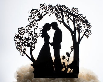 Wedding Cake Topper -  Bride Groom Between Blossom Trees - Made to Order - One of a Kind Topper - Rustic Weddings - You Pick the Color