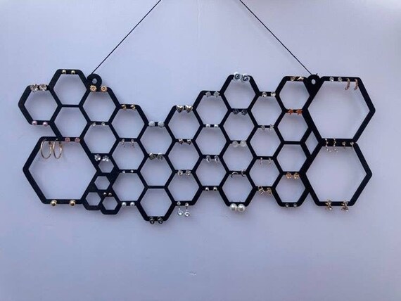JMKTOOL Dark Brown Wood Honeycomb Earring Holder Stand - Hanging Jewelry Organizer Display With 10 Velcro Sticky Pads