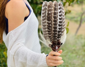 Handcrafted Shamanic fan with rooster and turkey feathers