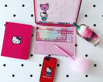 Miniature Kitty tablet/phone/laptop/coffee mug set for 1:6 12&quot; doll Dollhouse/diorama/display
