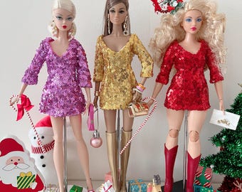 Vestido festivo de lentejuelas para muñecas a escala 1:6: se adapta tanto a muñecas con curvas como a muñecas Slim Fit como Fashion Royalty FR FR2 Poppy Parker, muñecas Misaki