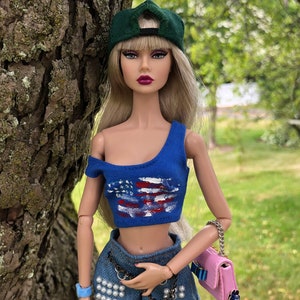 Blue Handpainte American Flag tanktop and Denim Shorts for 1/6 scale 12&quot; fashion dolls