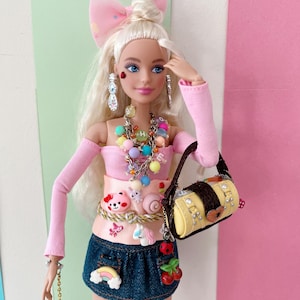 Kawaii Peach Satin Obi Belt with Charms: 1/6 Scale Doll Accessory
