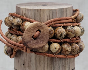 Triple Wrap Bracelet - Picture Jasper - Leather Cord - Hand Made Wood Button