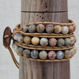 Triple Wrap Bracelet - Crazy Lace Agate - Leather Cord - Hand Made Wood Button