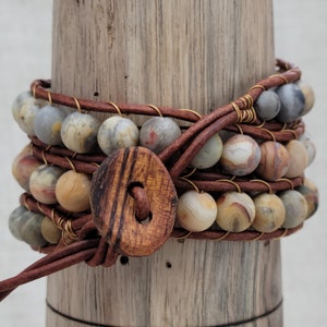 Triple Wrap Bracelet - Crazy Lace Agate - Leather Cord - Hand Made Wood Button