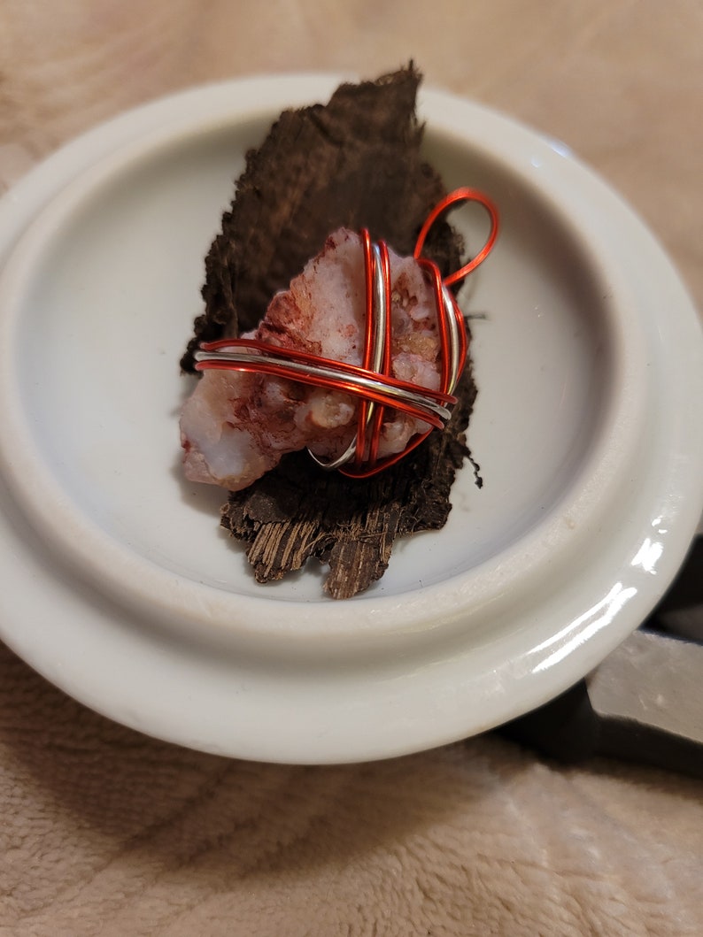 beautiful pendant necklace. Chalcedony and Quartz Fabulous Red Geode with a lovely silver and red wire wrap