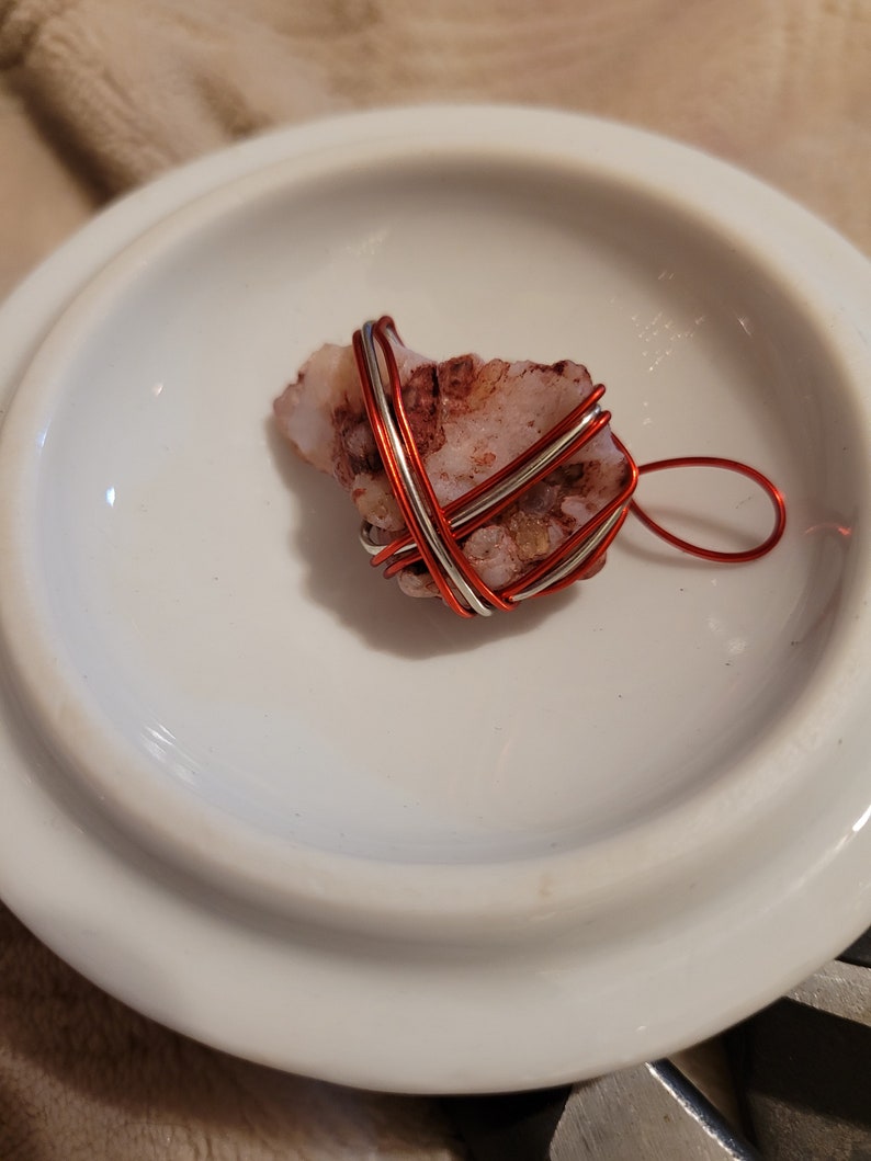 beautiful pendant necklace. Chalcedony and Quartz Fabulous Red Geode with a lovely silver and red wire wrap