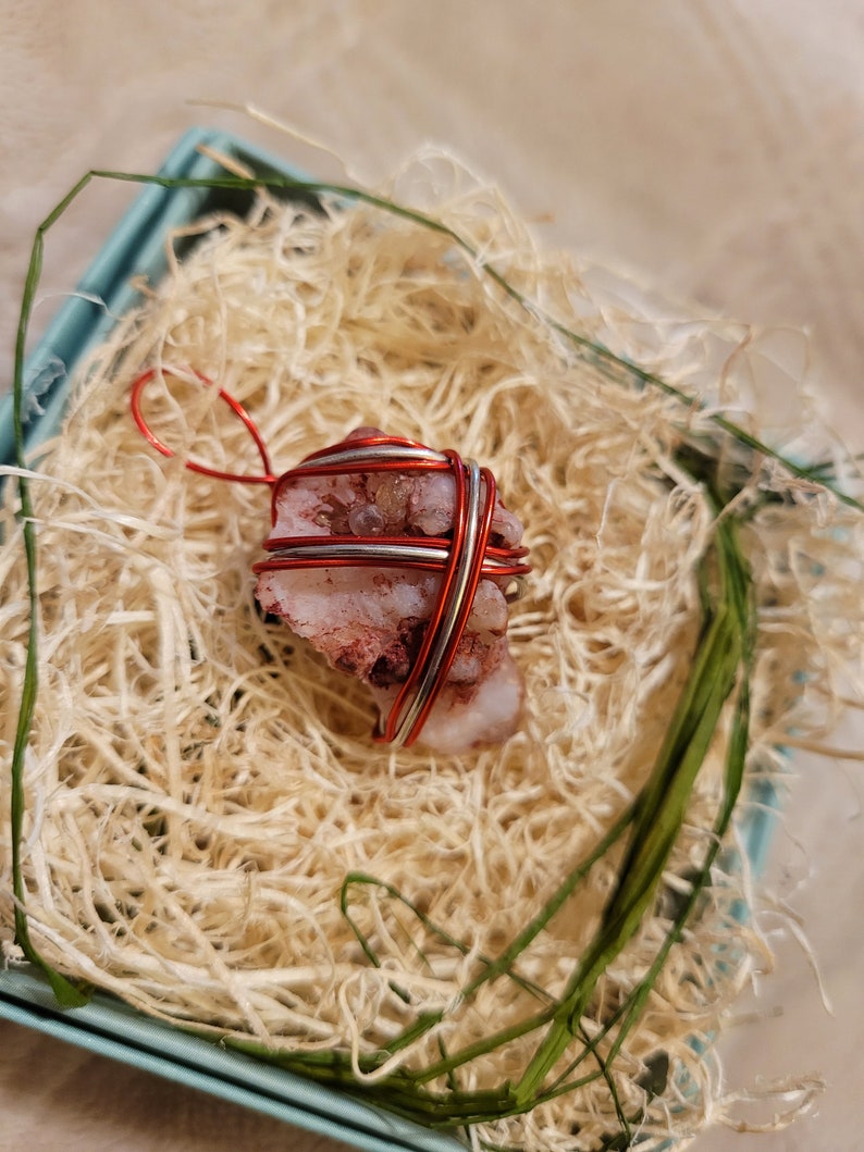 beautiful pendant necklace. Chalcedony and Quartz Fabulous Red Geode with a lovely silver and red wire wrap