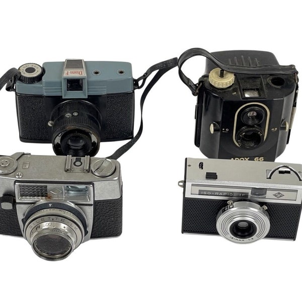 Vintage camera collection - Agfa camera, Adox-66 camera, Diana-F photo camera, Retro cameras, Set of 4 VTG cameras, Old German Cameras.