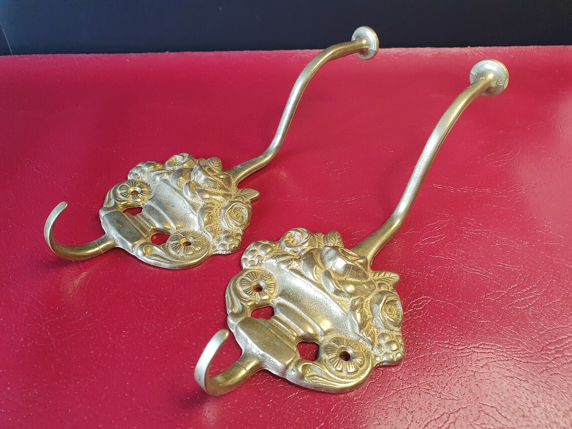 Set of 2 Vintage Brass Coat Hooks Cast Brass Hanger Old Wall Etsy