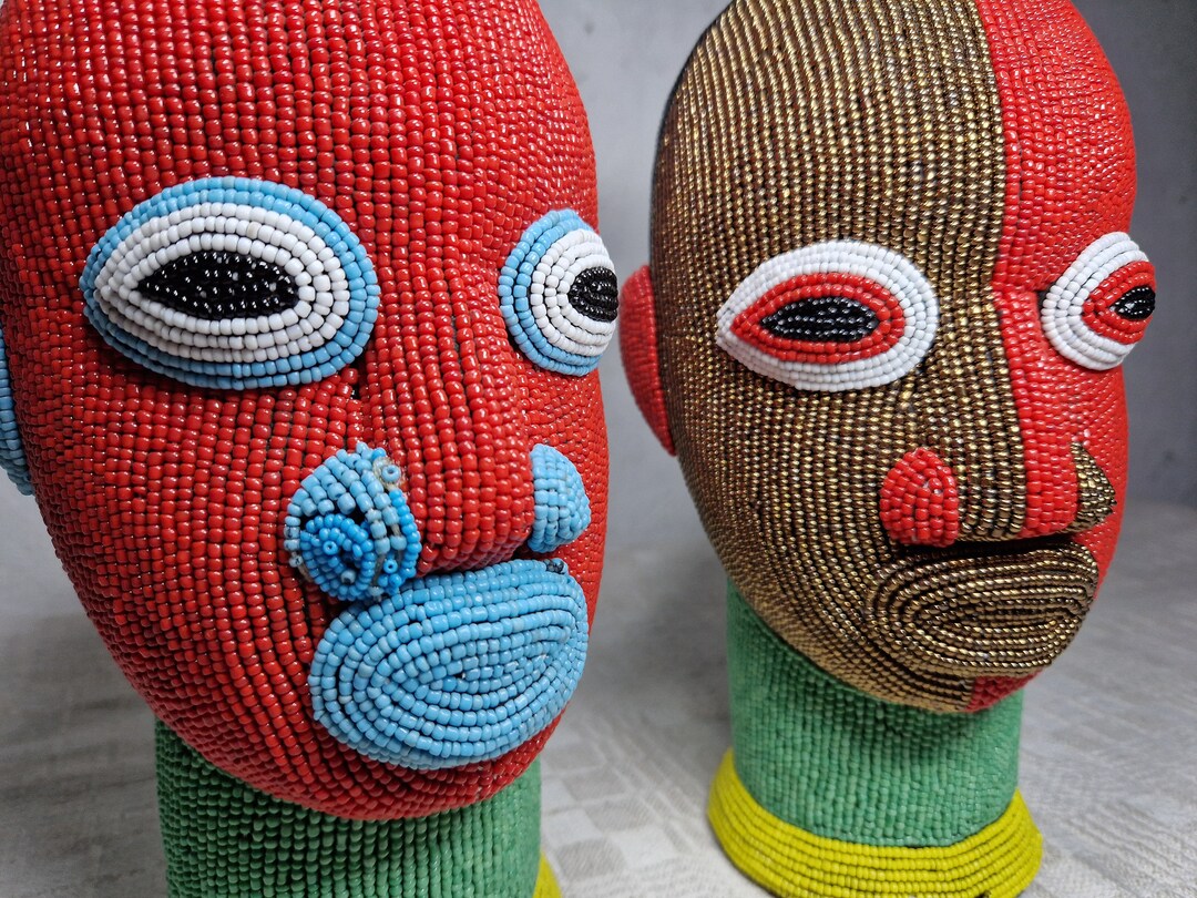 African Pearl Head Bamileke Terracotta, African Beaded Heads Handmade