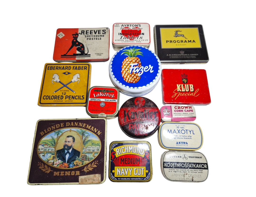 Old Tin Box Collection, Set of 13 Vintage Tin Boxes, Small Tin