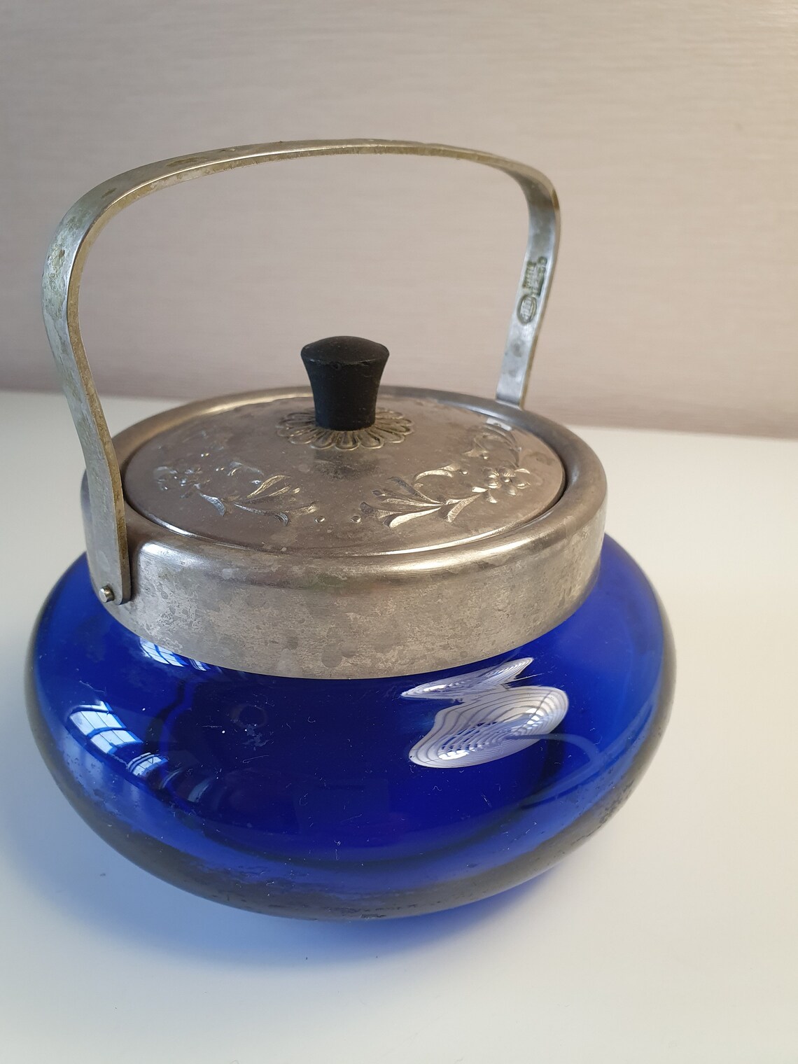 Vintage Sugar Bowl Cobalt Blue Glass with Silver Tone Metal Etsy