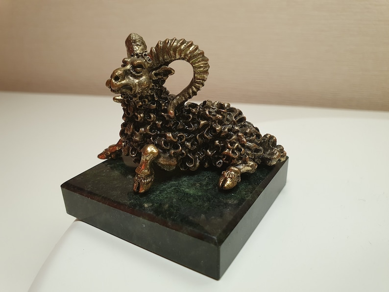 Vintage Handmade Bronze Figurine Statue of Astrology Constellation Zodiac Sign Horoscopes Capricorn GOAT on Natural green Marble Stand
