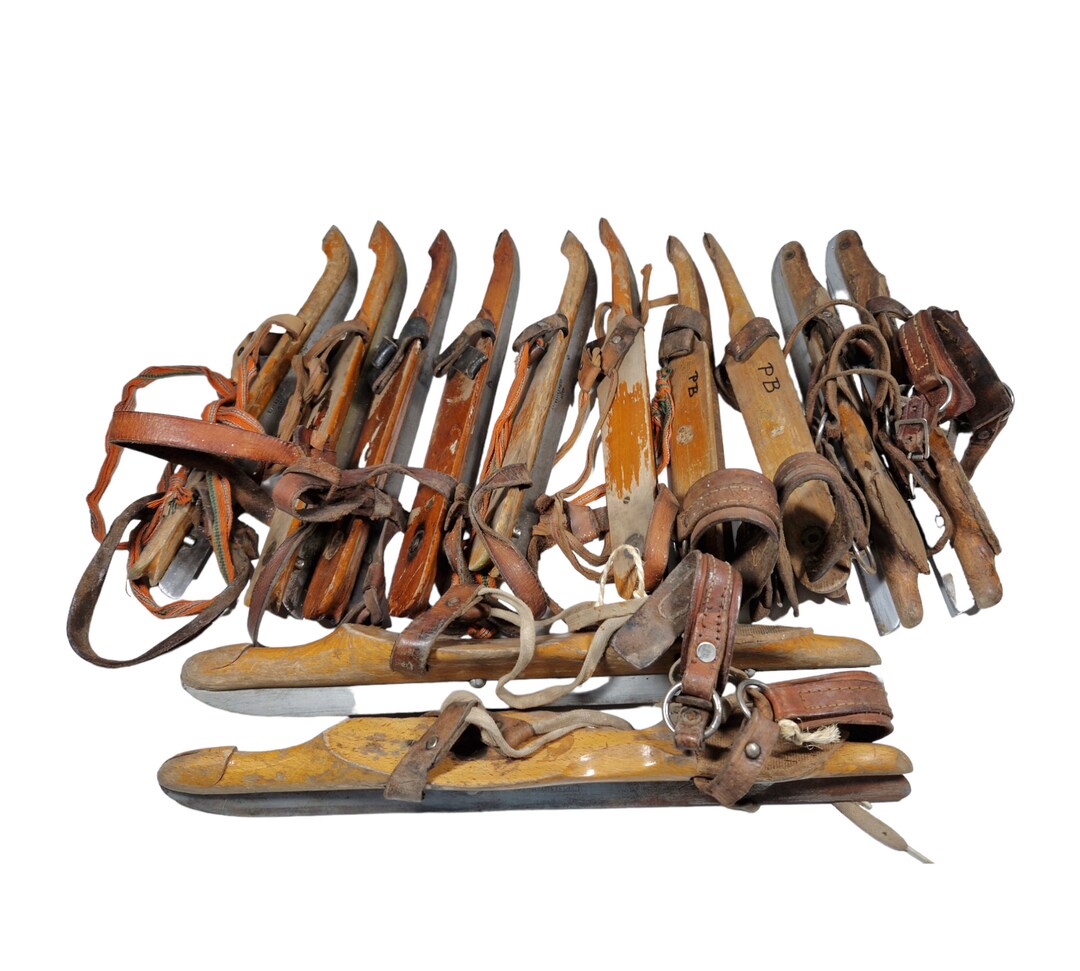 Antique Wood Skates, Old Dutch Ice Skaters, Antique Winter Movie Props, Ruiter Akkrum Antique