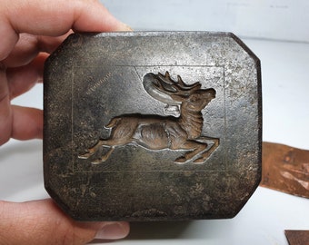 Antique French Printer Press Metal Block Letterpress Stamp solid steel deer, Antique double sided Die Punch mold, Antique deer stamp block.