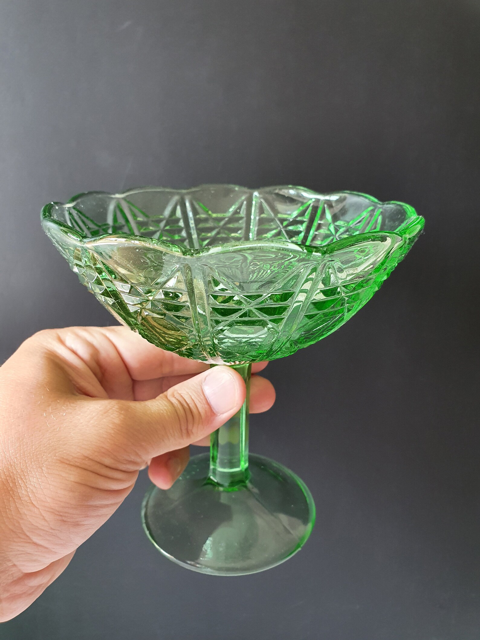 Set of 2 Green glass candy bowls footed pedestal Retro sugar Etsy