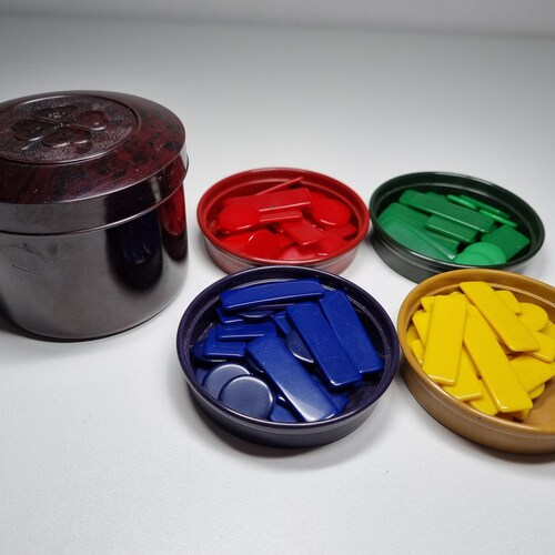 Vintage bakelite container with game pieces, Swedish gaming container with dishes and jettons, Virapulla shops gaming box with screw top lid