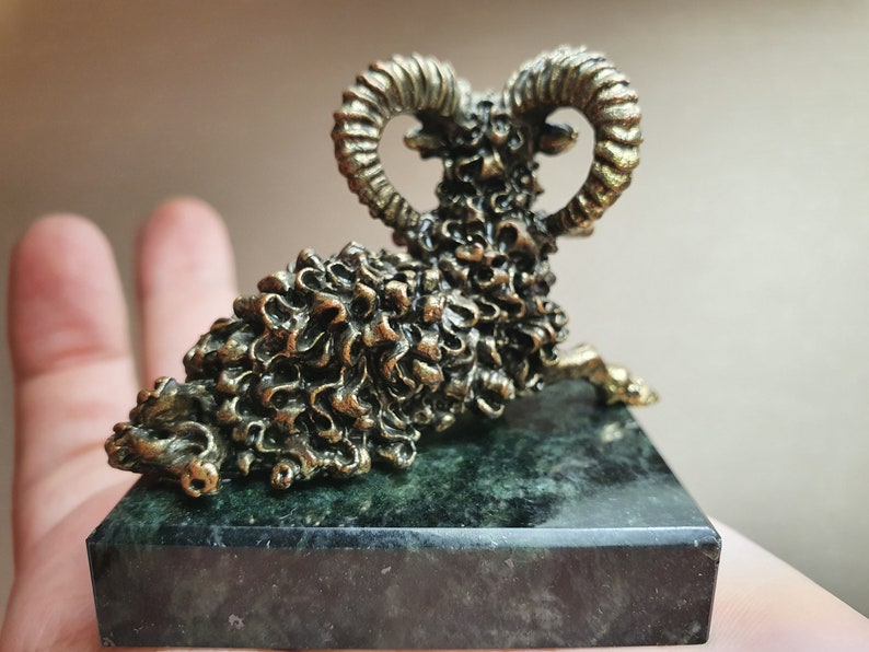 Vintage Handmade Bronze Figurine Statue of Astrology Constellation Zodiac Sign Horoscopes Capricorn GOAT on Natural green Marble Stand