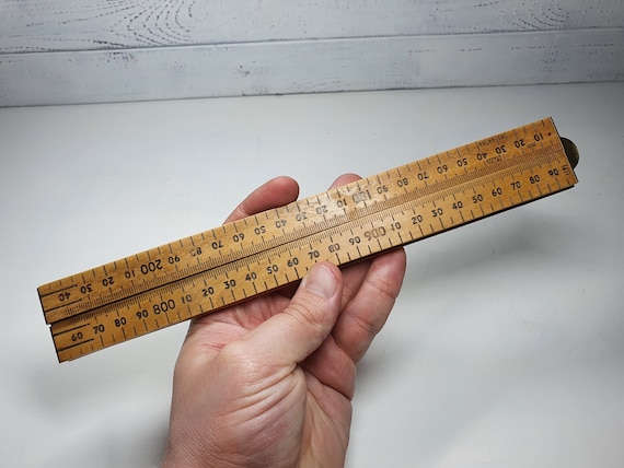 Antique FABRIC MEASURING STICK drapers meter Yard wood ruler brass 2m  folding