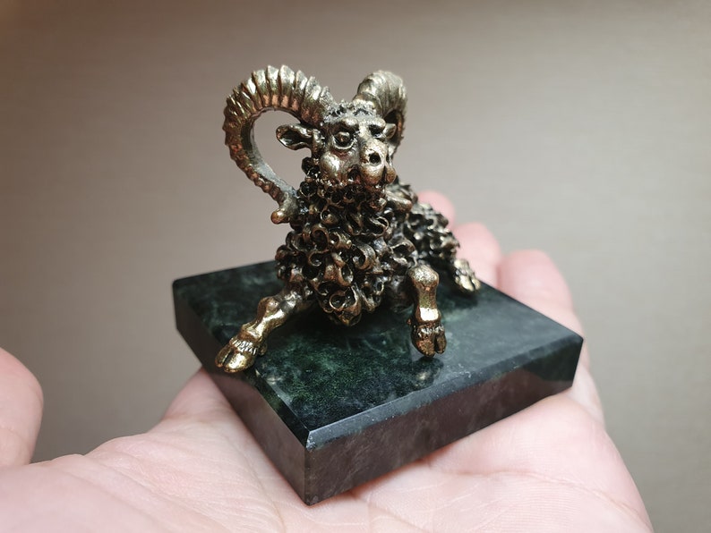 Vintage Handmade Bronze Figurine Statue of Astrology Constellation Zodiac Sign Horoscopes Capricorn GOAT on Natural green Marble Stand