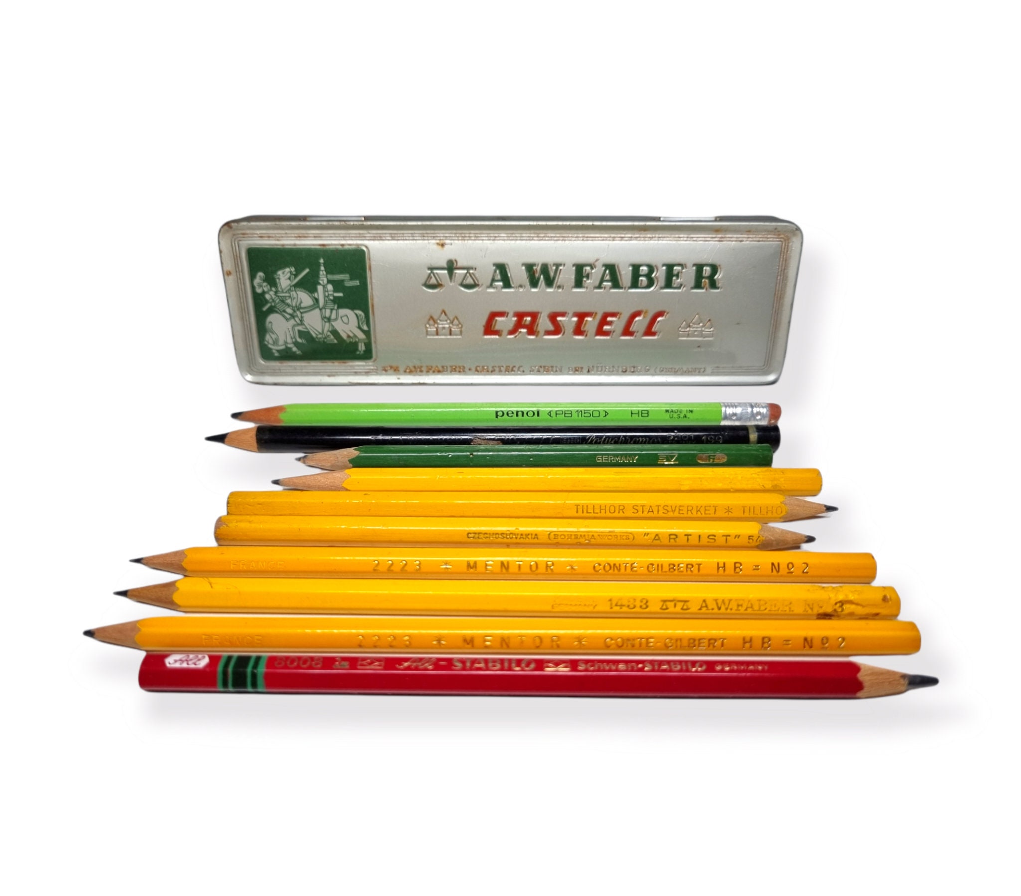 VINTAGE FABER CASTELL METAL PENCIL BOX WITH PENCILS IN OUTER CARDBOARD BOX