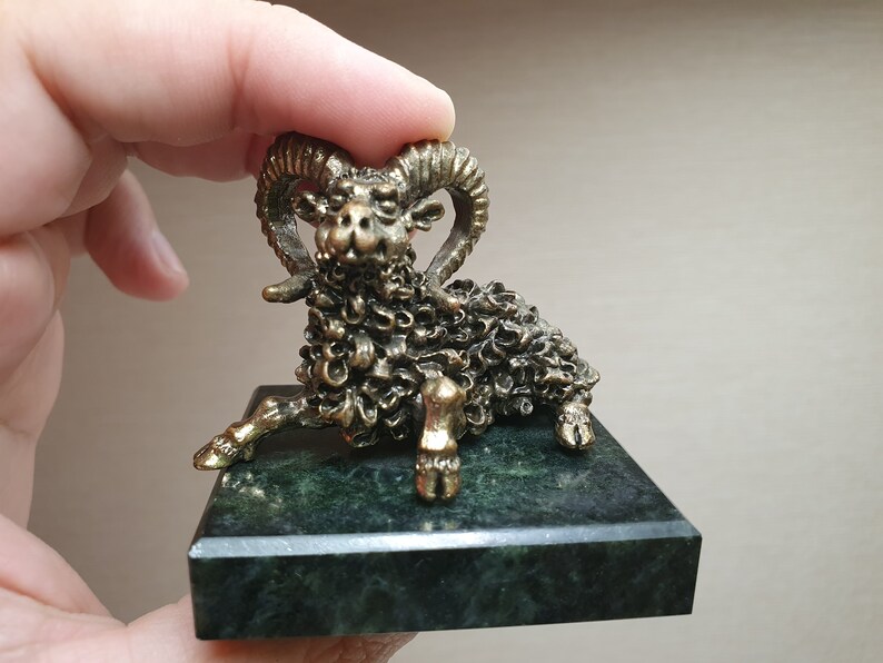Vintage Handmade Bronze Figurine Statue of Astrology Constellation Zodiac Sign Horoscopes Capricorn GOAT on Natural green Marble Stand