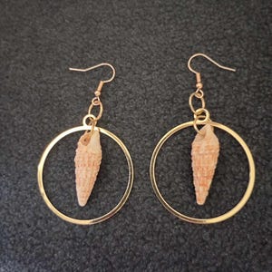 May include: Gold hoop earrings with a small seashell charm hanging from each hoop.