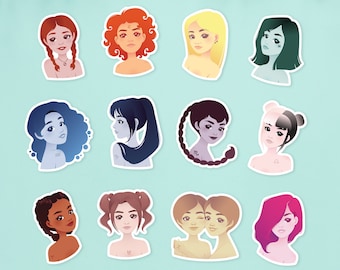Zodiac girls sticker set, zodiac signs - Aries, Taurus, Gemini, Cancer, Leo, Virgo, Libra, Scorpio, Sagittarius, Capricorn, Aquarius, Pisces