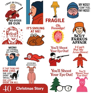 May include: A selection of cartoon illustrations and text from the film "A Christmas Story." The images feature quotes such as "You'll Shoot Your Eye Out!" and "Fragile," alongside images of a BB gun, a turkey, and a bunny suit.