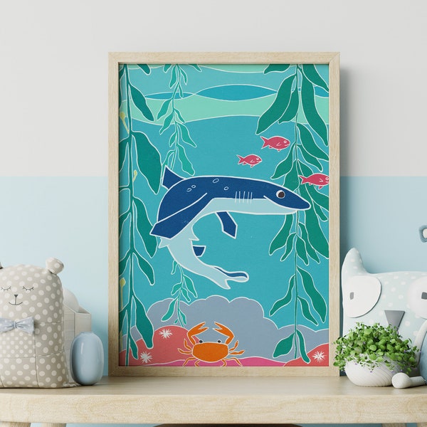 Squale, Oeuvre de pépinière, Art mural pour enfants, Impressions de chambre d'enfants, Illustration pour enfants, Turquoise, Décor de pépinière de bébé