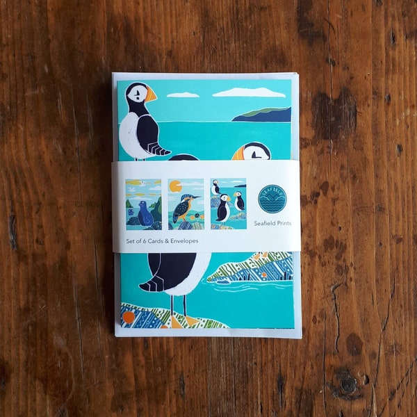 Set of 6 Greeting Cards - Puffins, Kingfisher and Seals, Irish cards, Mini prints, Art cards, Animal cards