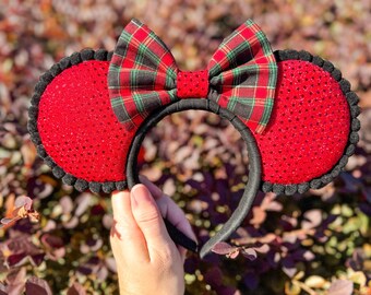 Holiday Sequin Mouse Ears | Christmas Plaid Bow | Handmade  display picture 3
