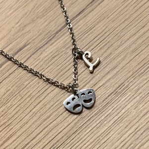 Comedy Tragedy Mask Initial Stainless Steel  Necklace • Theatre Gift • Drama Teacher • Theatre Mask • Drama Mask  • Broadway • Drama Student