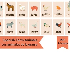 14 educatieve Spaanse flashkaarten voor boerderijdieren • Leer Spaans • Dieren in het Spaans • Aprenda Español • Los Animales de la Granja • Afdrukken