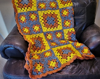 Afghan granny square crochet grey, yellow, and orange
