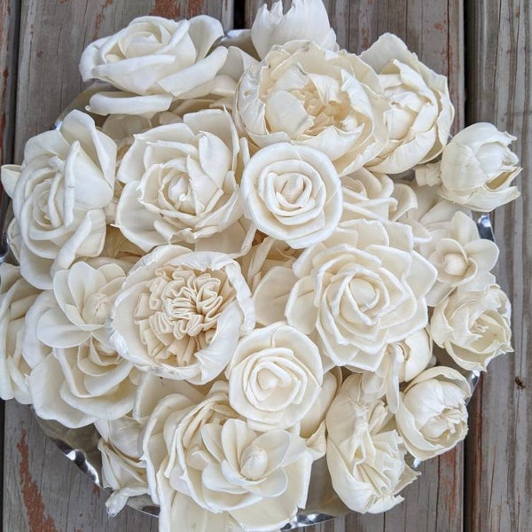 50 pack Bridal premium sola wood flowers assorted. Mix of roses peonies and premium flowers.