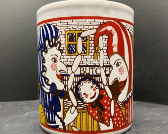 Vintage Punch & Judy Mr Punch och Baby Judy och korvarna Keramisk Mugg Tillverkad i England