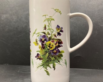 Vintage Past Times Pansies tall slim floral ceramic mug Beryl Peters Archives