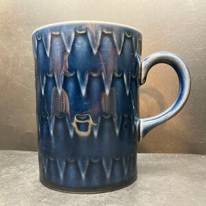 May include: A dark blue ceramic mug with a textured, geometric pattern. The mug has a rounded handle.