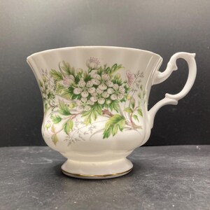 May include: White teacup with a floral design featuring white blossoms, green leaves, and pink accents. The teacup has a curved handle and a gold rim. The design is on the outside of the cup.