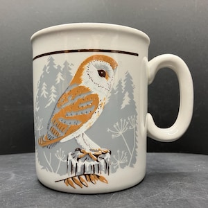 May include: White ceramic mug featuring a detailed illustration of a barn owl perched on a tree stump. The owl has orange and white feathers, set against a backdrop of gray trees and foliage. A brown stripe accents the top of the mug.